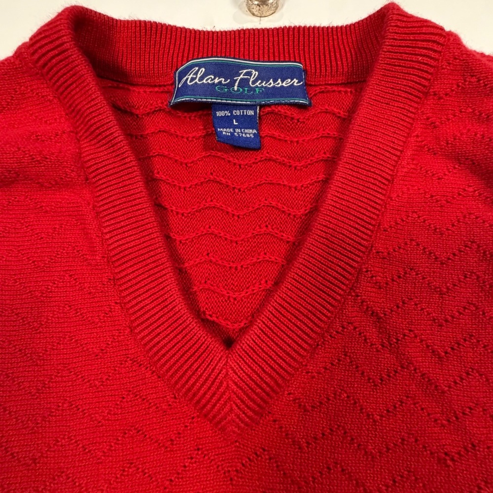 Alan Flusser Golf Sweater Vest Large Red Textured Cotton V-Neck Sleeveless Knit